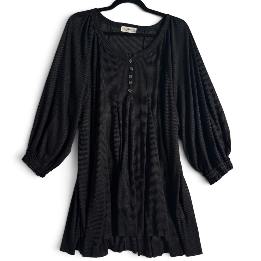 Natural Life Ribbed Henley Tunic Dress Black Women One Size Balloon Sleeve Boho
